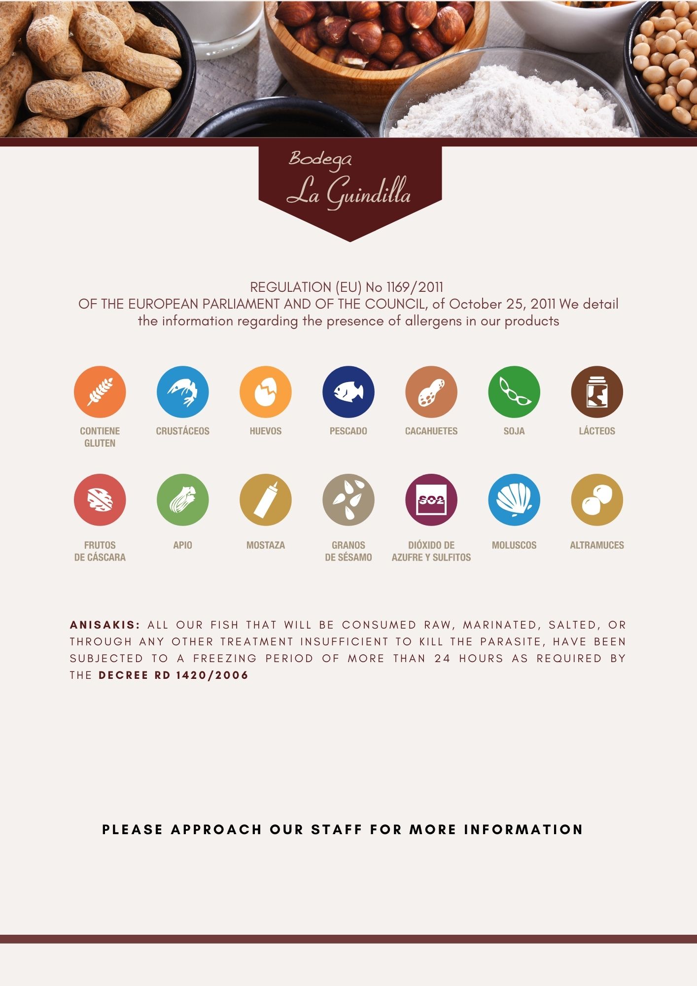 Iconos de alérgenos con texto sobre regulaciones alimentarias de la Bodega La Guindilla.