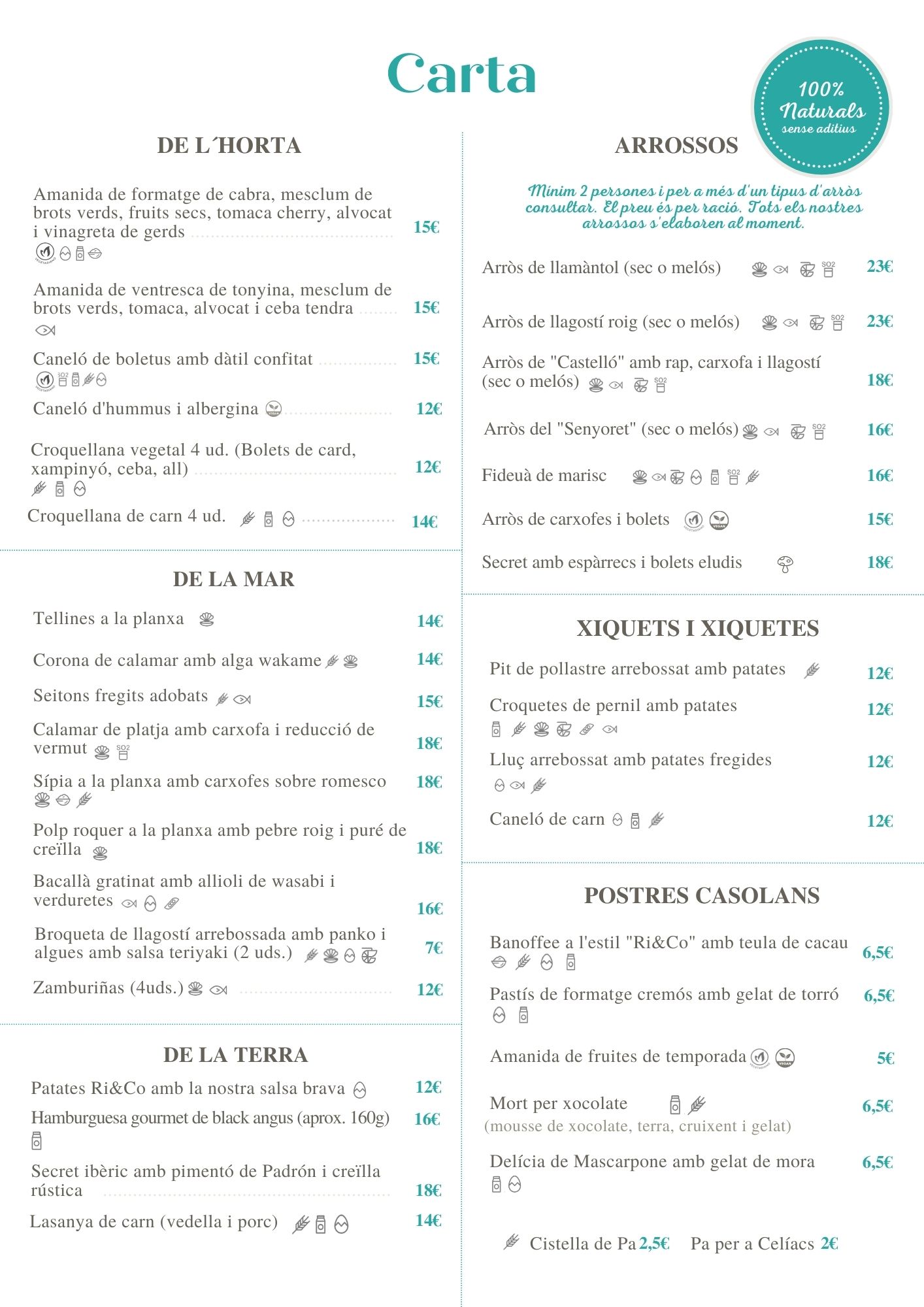 Menú de Carta Multimedia con secciones de ensaladas, arroces, platos del mar y opciones para niños, con precios.
