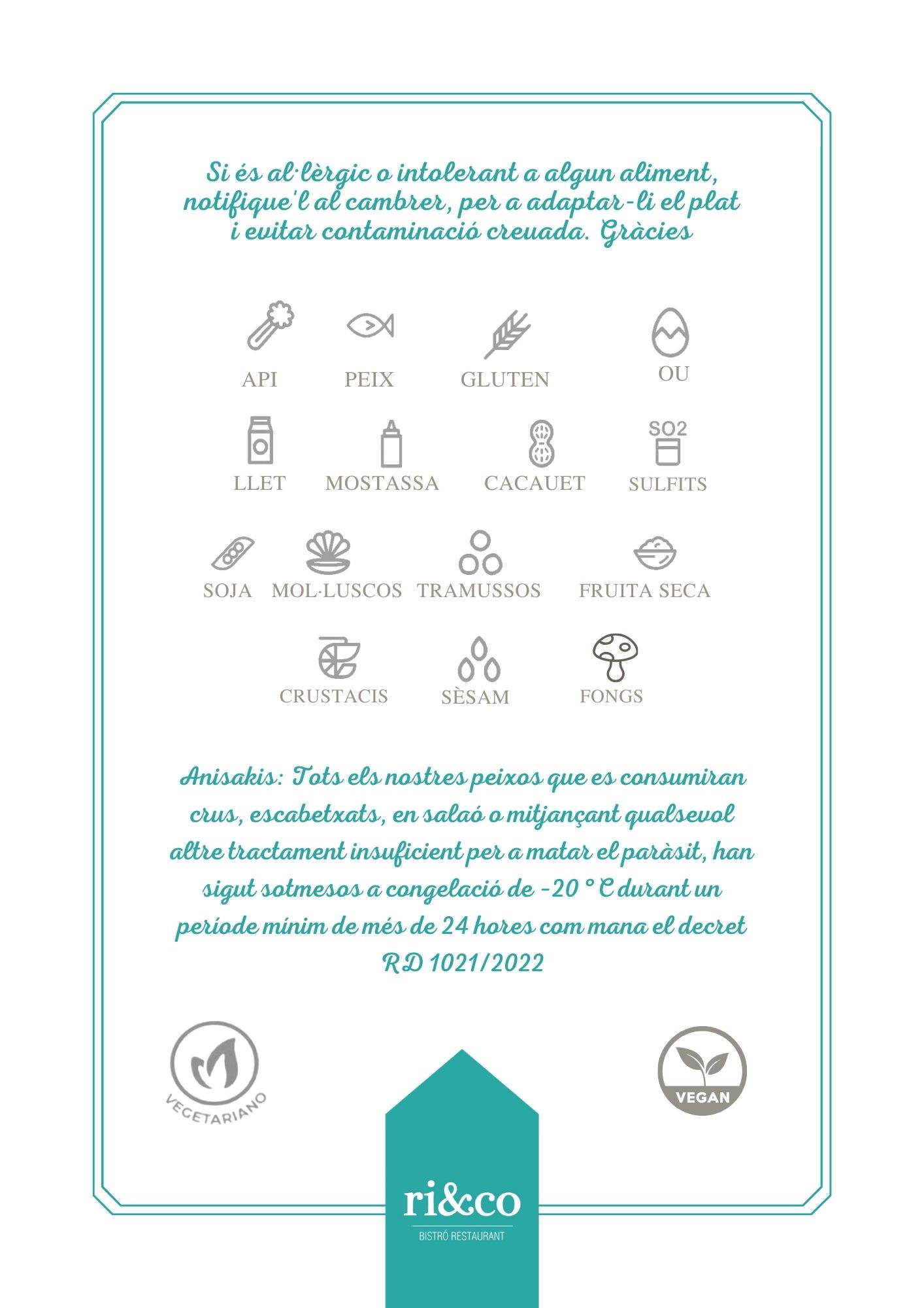 Lista de alérgenos con iconos y texto sobre precauciones alimentarias en restaurante ri&co