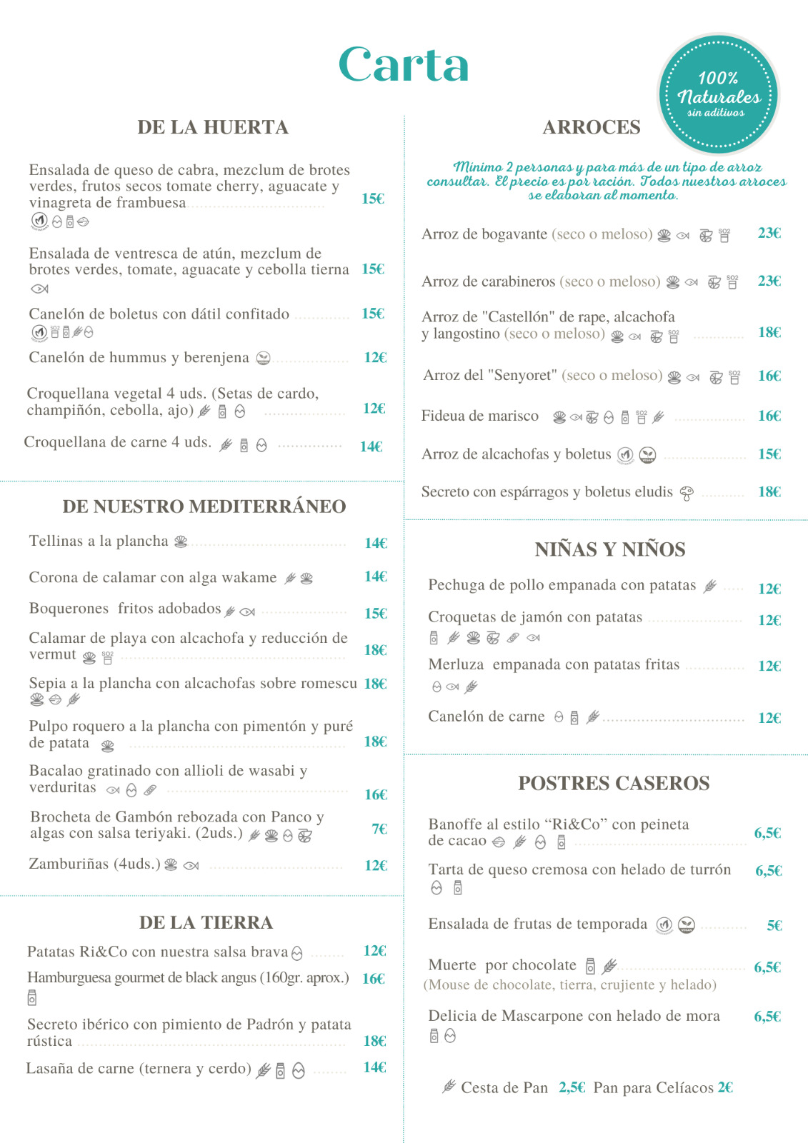 Menú de Carta Multimedia con secciones de ensaladas, arroces, platos mediterráneos, carnes y opciones para niños.