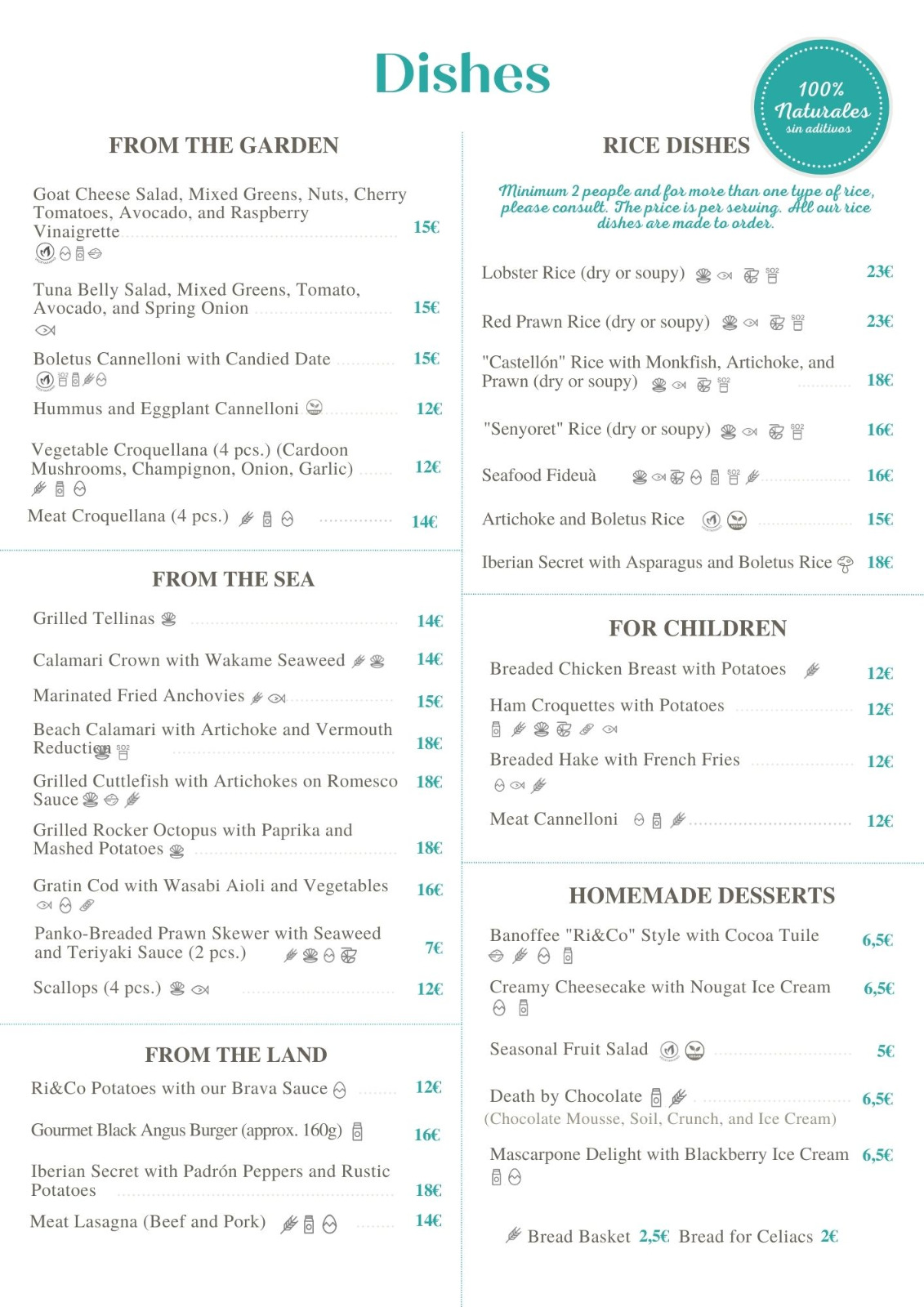 Menú de restaurante con secciones de ensaladas, platos de arroz, mariscos y opciones para niños, precios en euros.