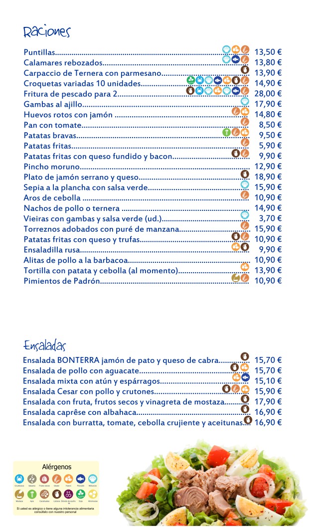Menú de raciones y ensaladas con precios, incluye íconos de alérgenos y foto de ensalada mixta en la parte inferior.