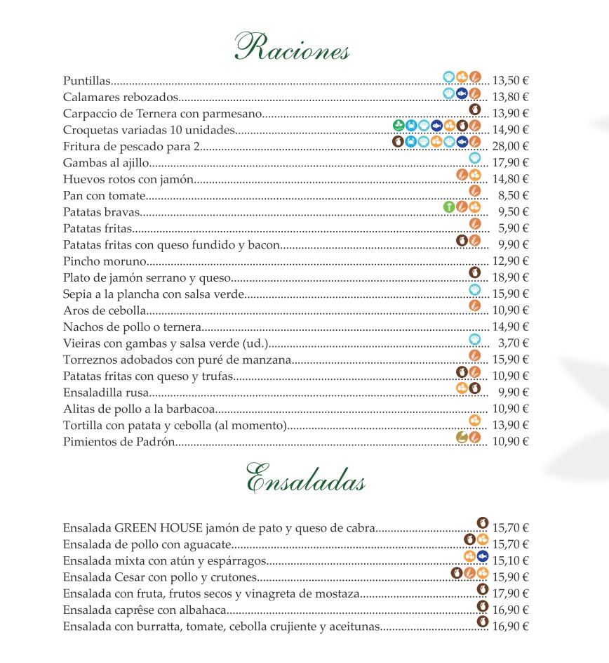 Menú de restaurante con precios, incluye puntillas, calamares, carpaccio, croquetas, huevos rotos, patatas y ensaladas.