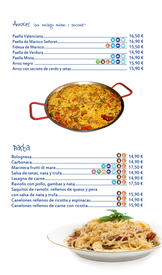 Plato de paella mixta con mariscos y verduras en sartén, menú de arroces y pastas de Carta Multimedia.