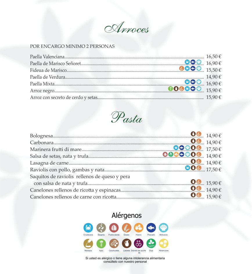 Menú de arroces y pasta con precios y alérgenos indicados, incluye opciones como paella valenciana y lasaña de carne