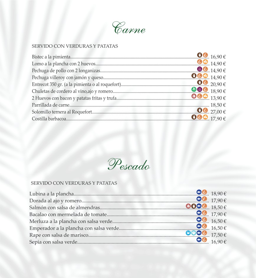 Menú de carnes y pescados con precios, decorado con hojas en el fondo.