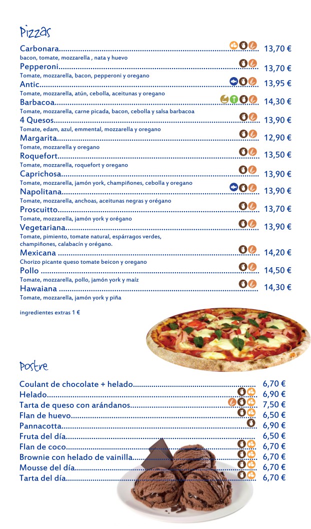 Menú de pizzas y postres con precios en euros, incluye imágenes de pizza y helado de chocolate.