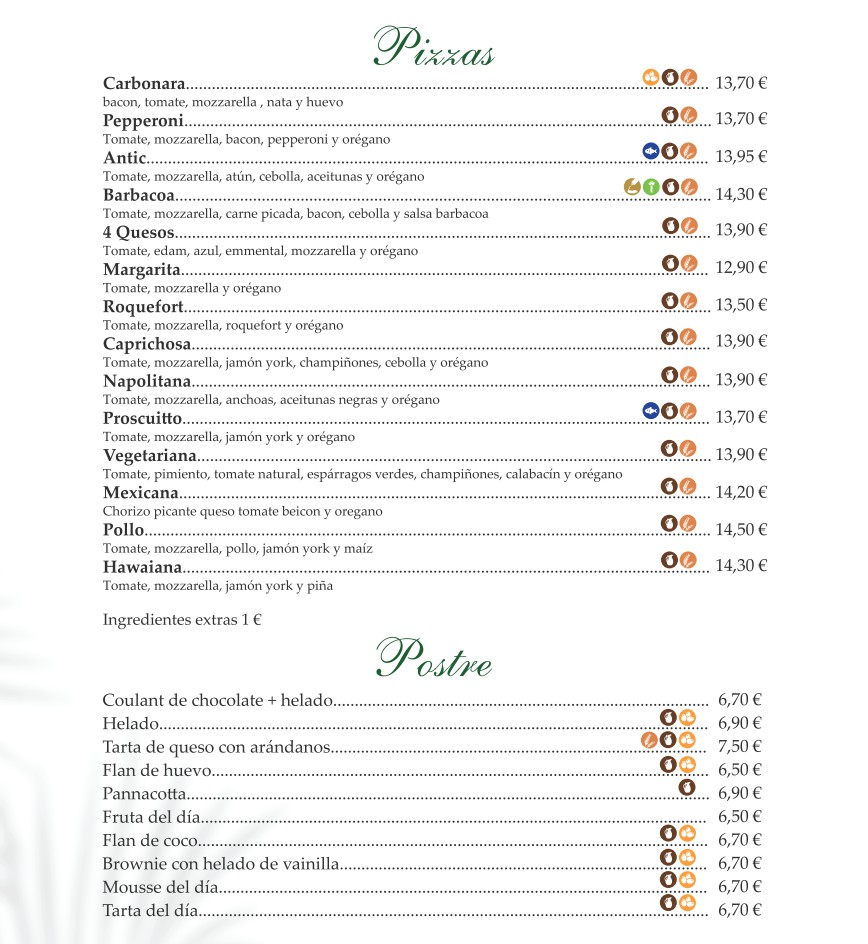 Menú de pizzas y postres con precios en Carta Multimedia, opciones como Carbonara, Pepperoni, y Coulant de chocolate.