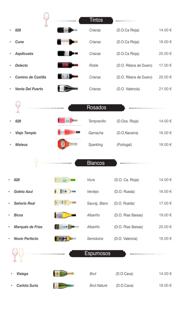 Menú de vinos con categorías: Tintos, Rosados, Blancos, Espumosos; incluye precios y denominaciones de origen.