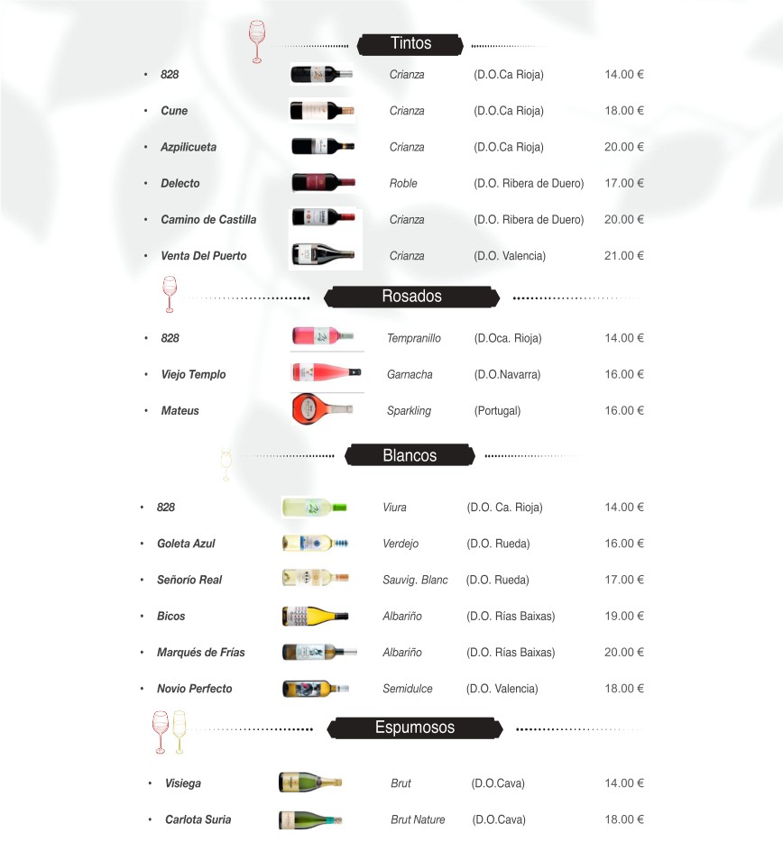 Carta de vinos con categorías: Tintos, Rosados, Blancos y Espumosos, cada uno con nombres y precios detallados.
