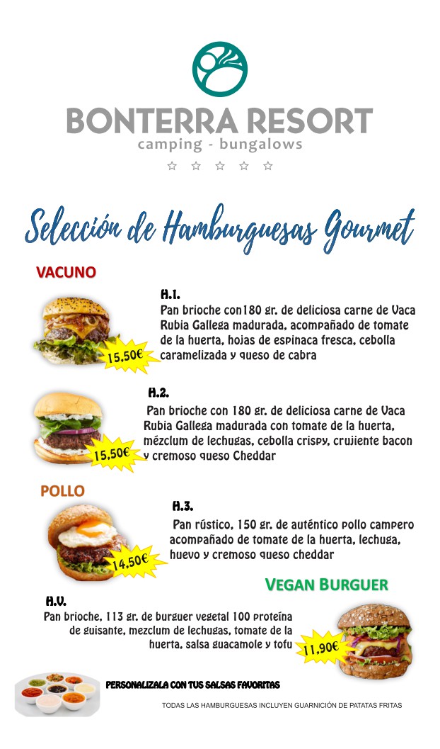 Selección de hamburguesas gourmet con imágenes de hamburguesas de vacuno, pollo y opción vegana en Bonterra Resort.
