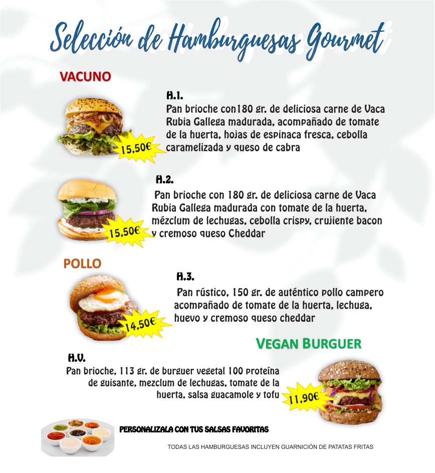 Selección de hamburguesas gourmet con imágenes y precios, incluyendo opciones de vacuno, pollo y vegana.