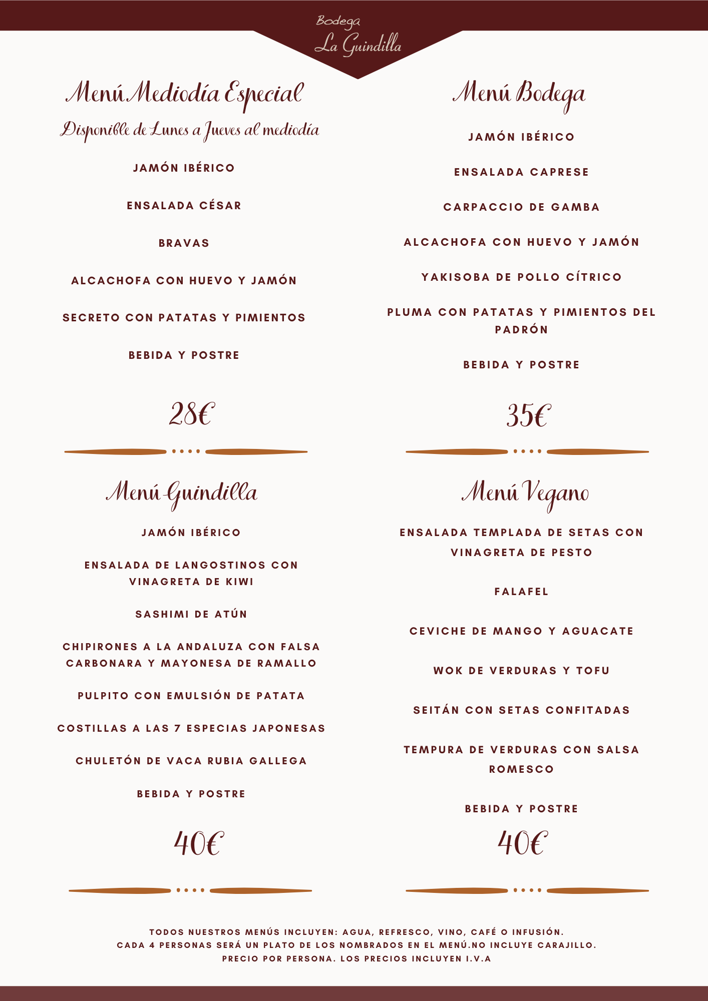 Menús de restaurante con opciones como jamón ibérico, ensaladas, y postres, precios desde 28€ hasta 40€.