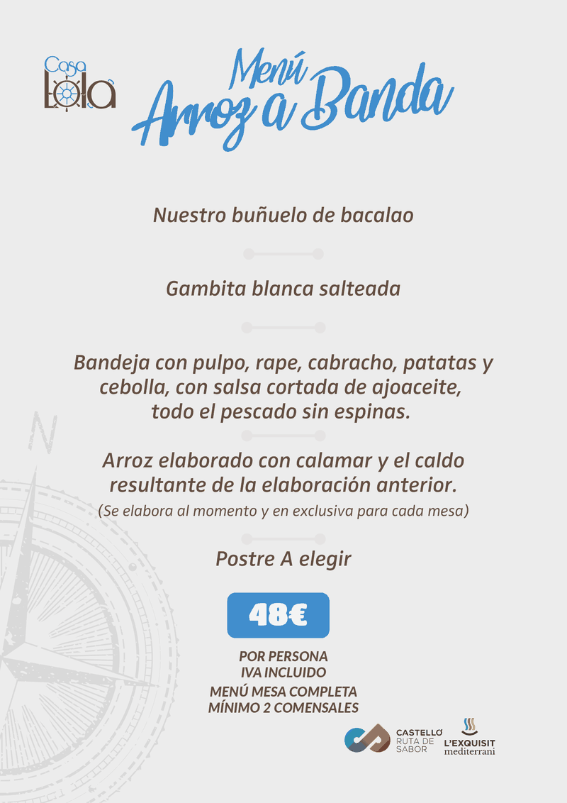 Menú Arroz a Banda de Casa Lola, 48 euros por persona, IVA incluido